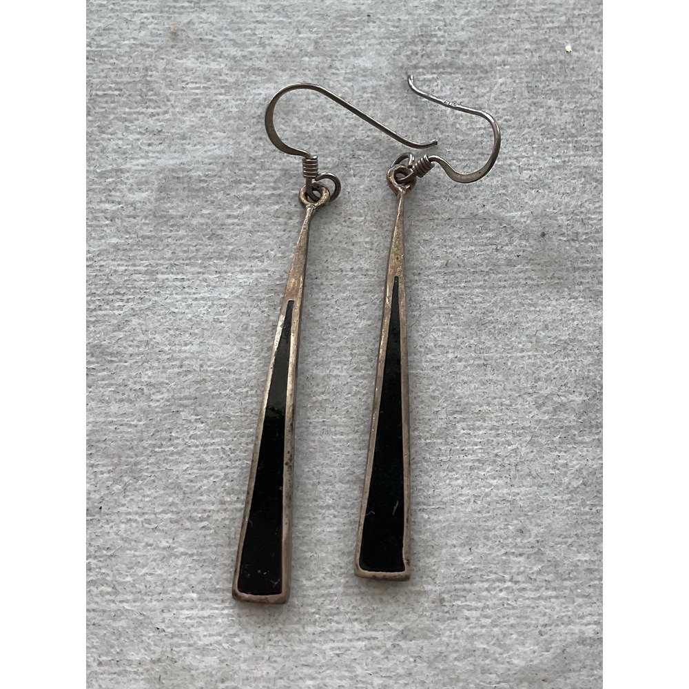 Vintage Sterling Silver 925 Black Onyx long geometric drop earrings Estate Jewel